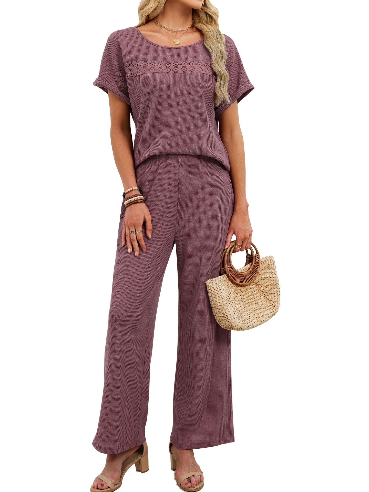 Solid Lace Trim Short Sleeve Top & Long Pants Set