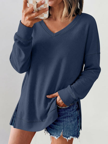 Waffle Knit Top V Neck Side Slit Relaxed Fit