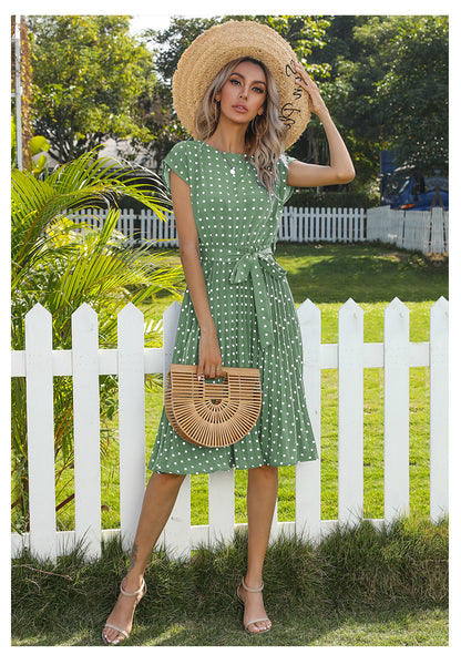 Polka Dot Midi Dress Pleated Tie Waist Short Sleeve