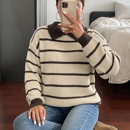 Striped Polo Sweater Contrast Trim Relaxed Fit