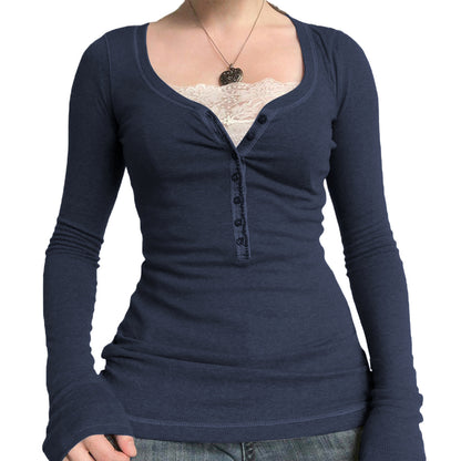 Women's Cotton Lace Trim Henley Long Sleeve Fitted Top