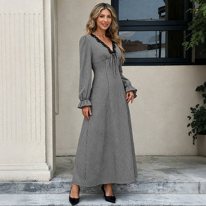 Women's Plaid V-Neck Ruffle Long Sleeve Maxi Dress