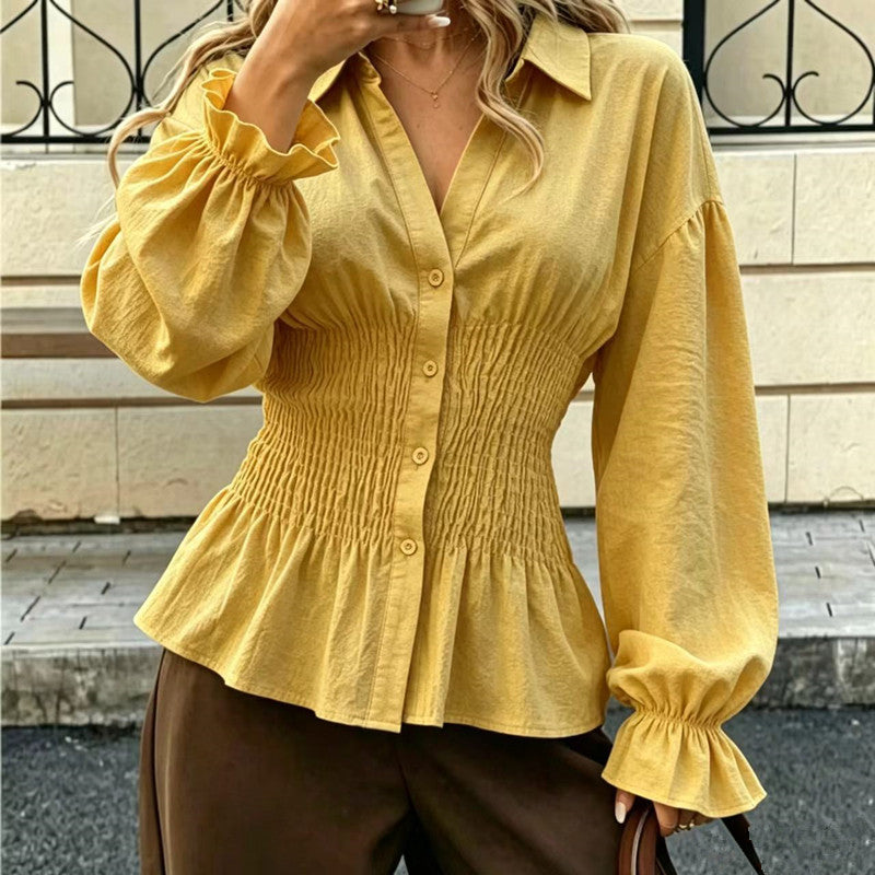 Women's Smocked Waist Cotton Blouse Balloon Sleeve Top