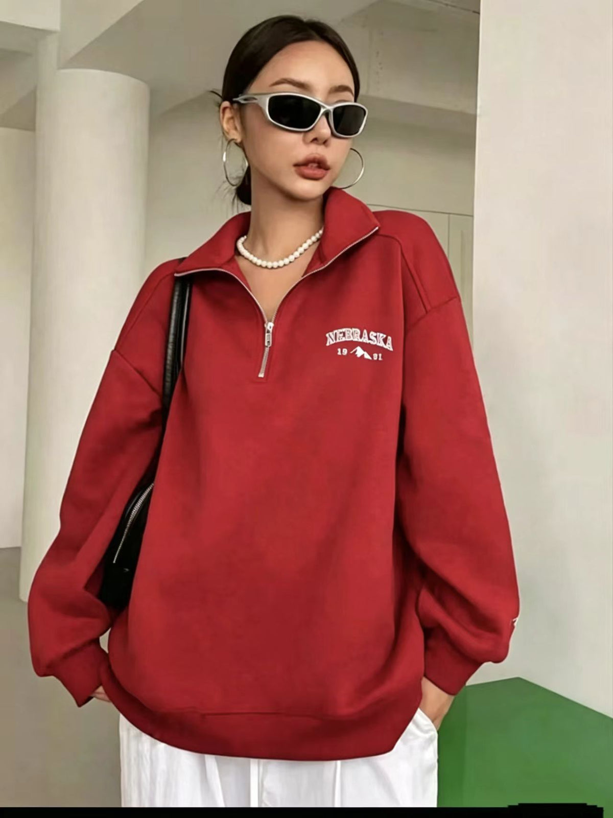 Women's Oversized Half Zip Embroidered Sweatshirt Pullover