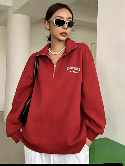 Women's Oversized Half Zip Embroidered Sweatshirt Pullover