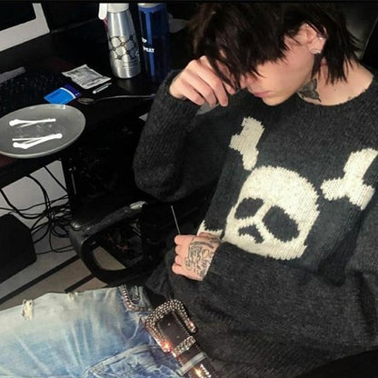 Oversized Skull Sweater Black Gothic Streetwear Knit