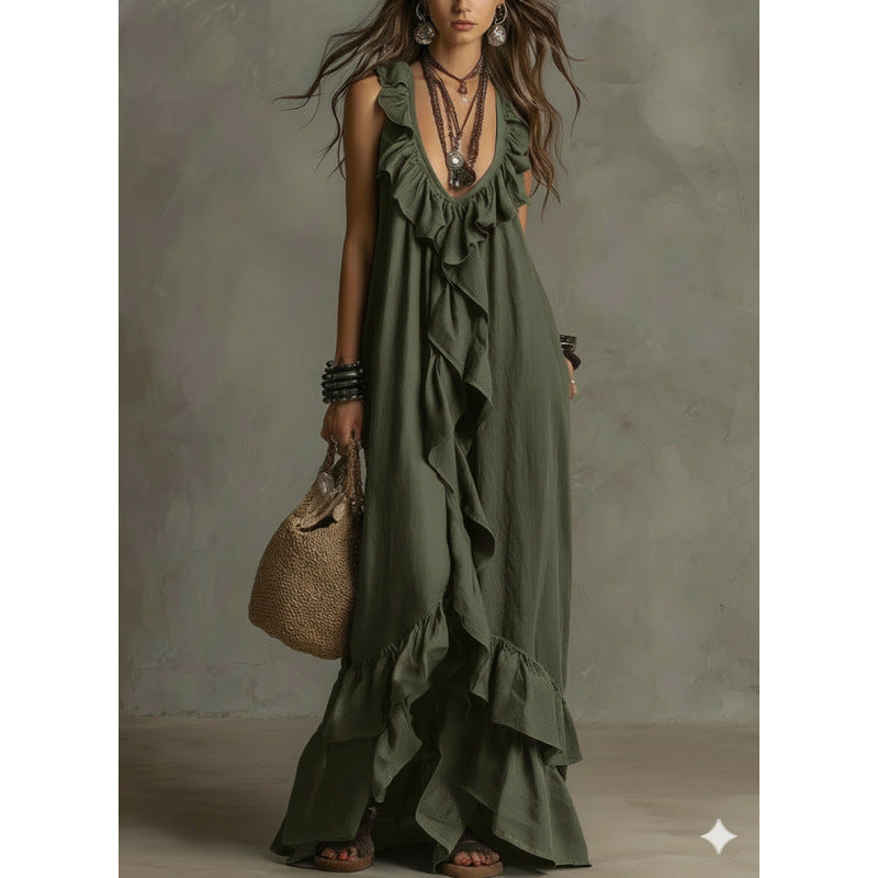 Women's Boho Ruffle V-Neck Sleeveless Maxi Dress