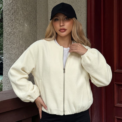 Solid Zip Up Bomber Jacket Cropped Relaxed Fit