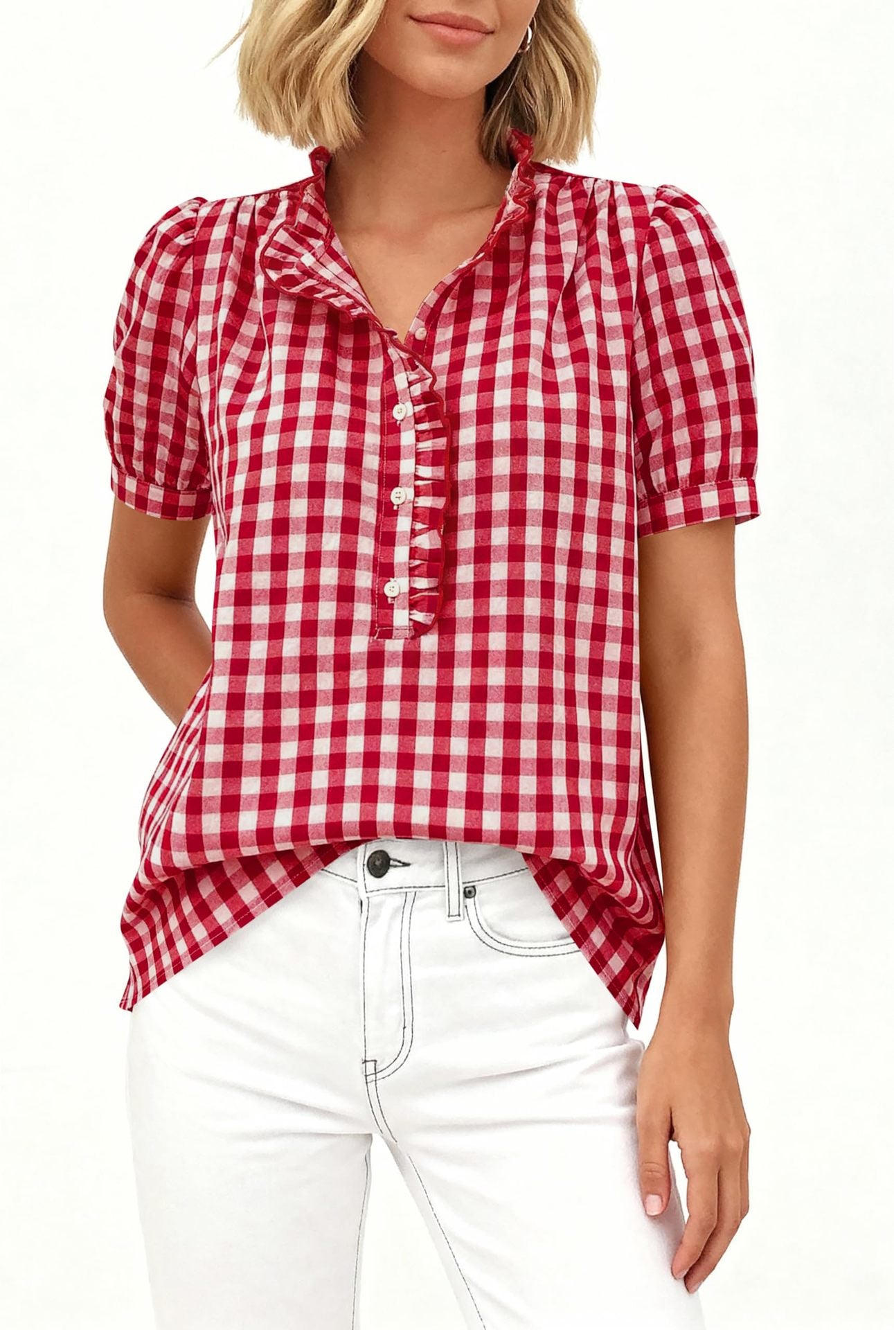 Gingham Ruffle Puff Sleeve Button Blouse Top
