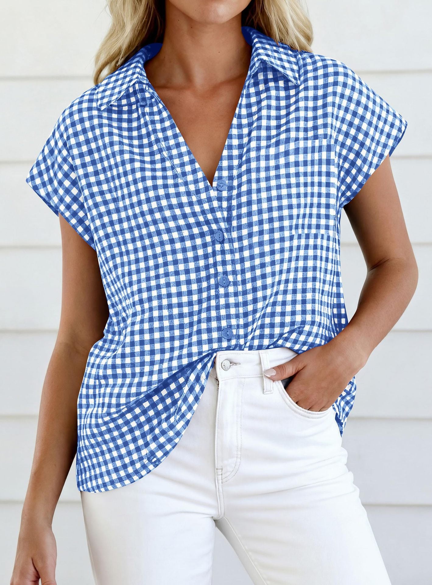 Gingham Button Down Short Sleeve Loose Fit Blouse