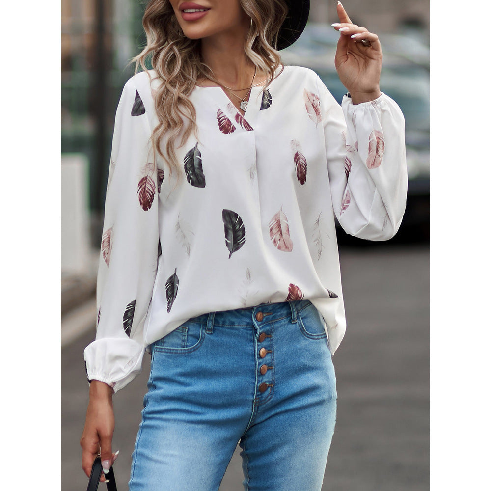 Feather Print V Neck Chiffon Blouse Long Sleeve Top