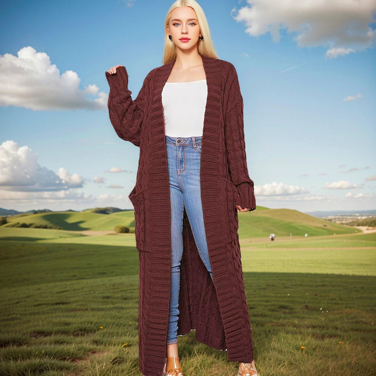 Long Cable Knit Open Front Cardigan with Pockets