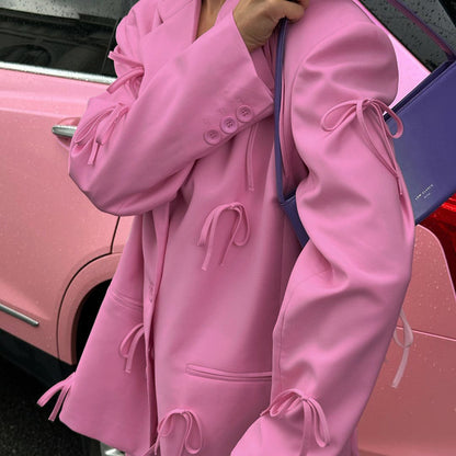 Women's Pink Bow Detail Oversized Casual Blazer