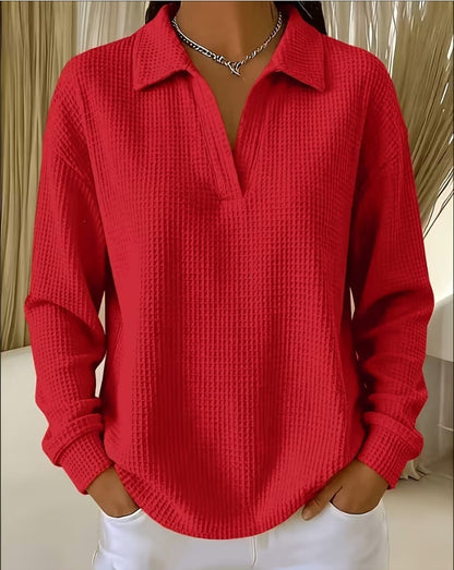Waffle Knit Collared V Neck Long Sleeve Oversized Tunic Top