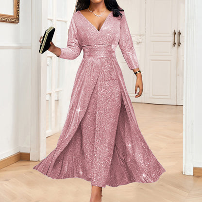 Sequin V-Neck Long Sleeve Maxi Evening Dress