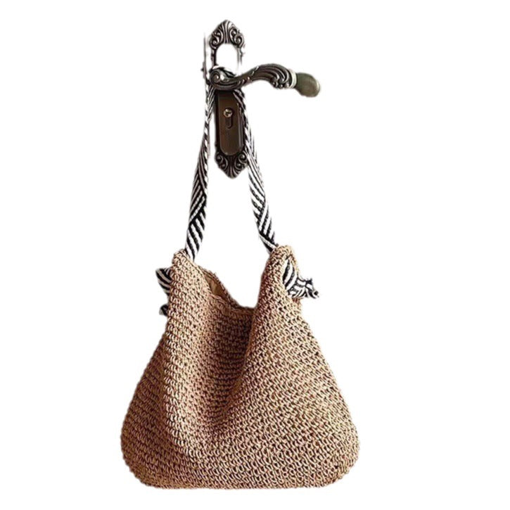 Striped Strap Straw Shoulder Bag Beach Tote for Women