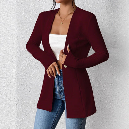 Women's Casual V-Neck One Button Solid Blazer Jacket