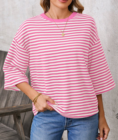 Blue Striped Knit Back Bow Open Back Top Women