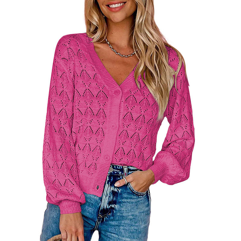 Women's V-Neck Button Front Crochet Knit Cardigan Sweater