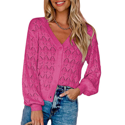 Women's V-Neck Button Front Crochet Knit Cardigan Sweater