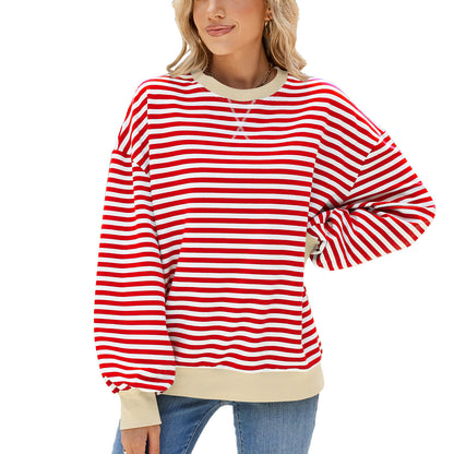 Striped Color Block Crew Neck Loose Fit Long Sleeve Sweatshirt