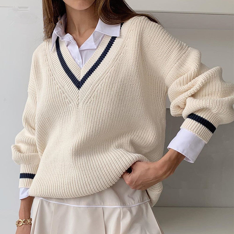 Oversized V-Neck Sweater Women's Long Sleeve Chunky Knit