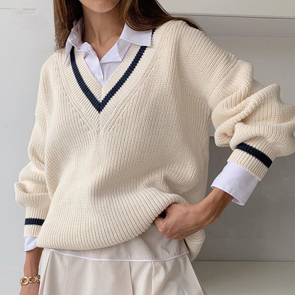 Oversized V-Neck Sweater Women's Long Sleeve Chunky Knit