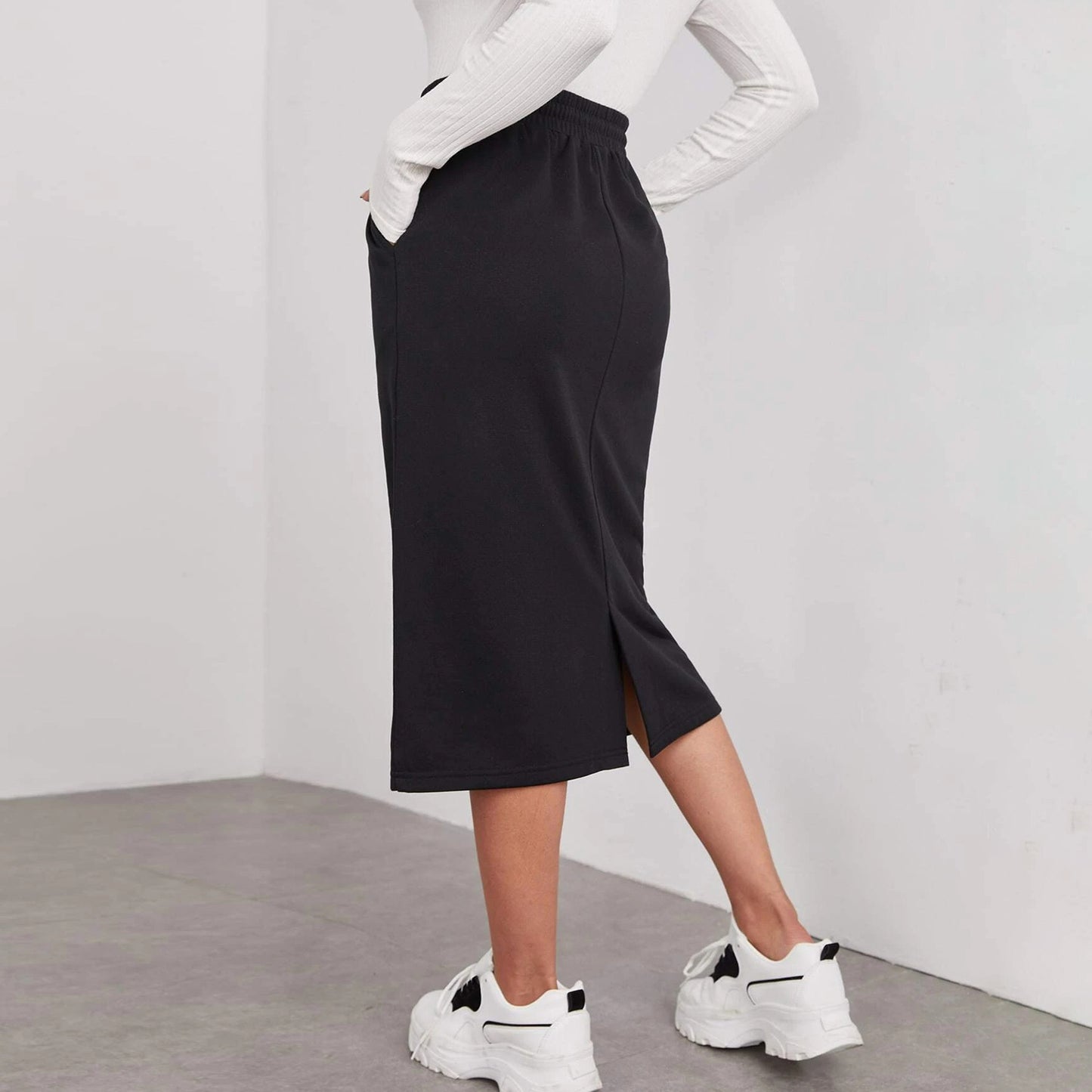 Solid Midi Skirt Drawstring Waist Pocket Slit Casual