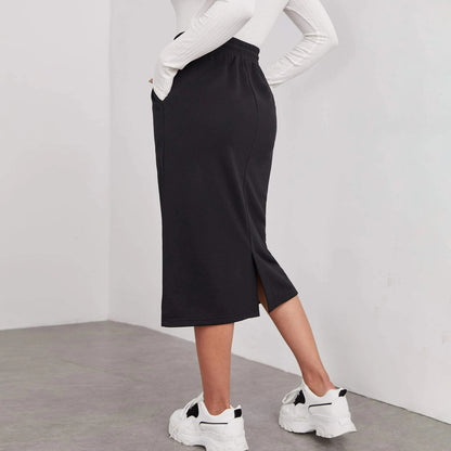 Solid Midi Skirt Drawstring Waist Pocket Slit Casual