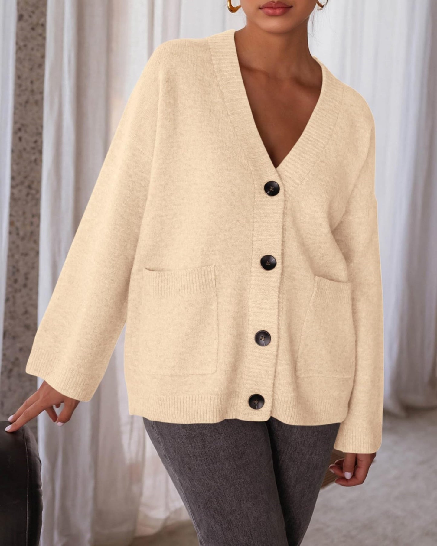Oversized V Neck Button Knit Cardigan with Pockets