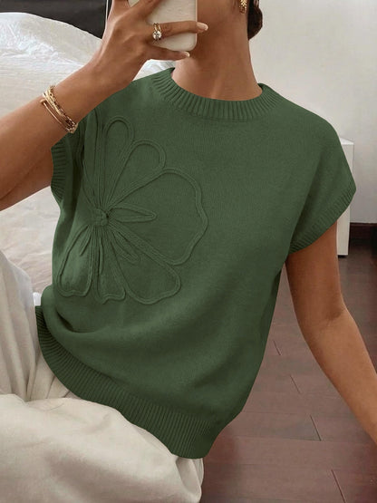Floral Knit Sweater Short Sleeve Textured Summer Top