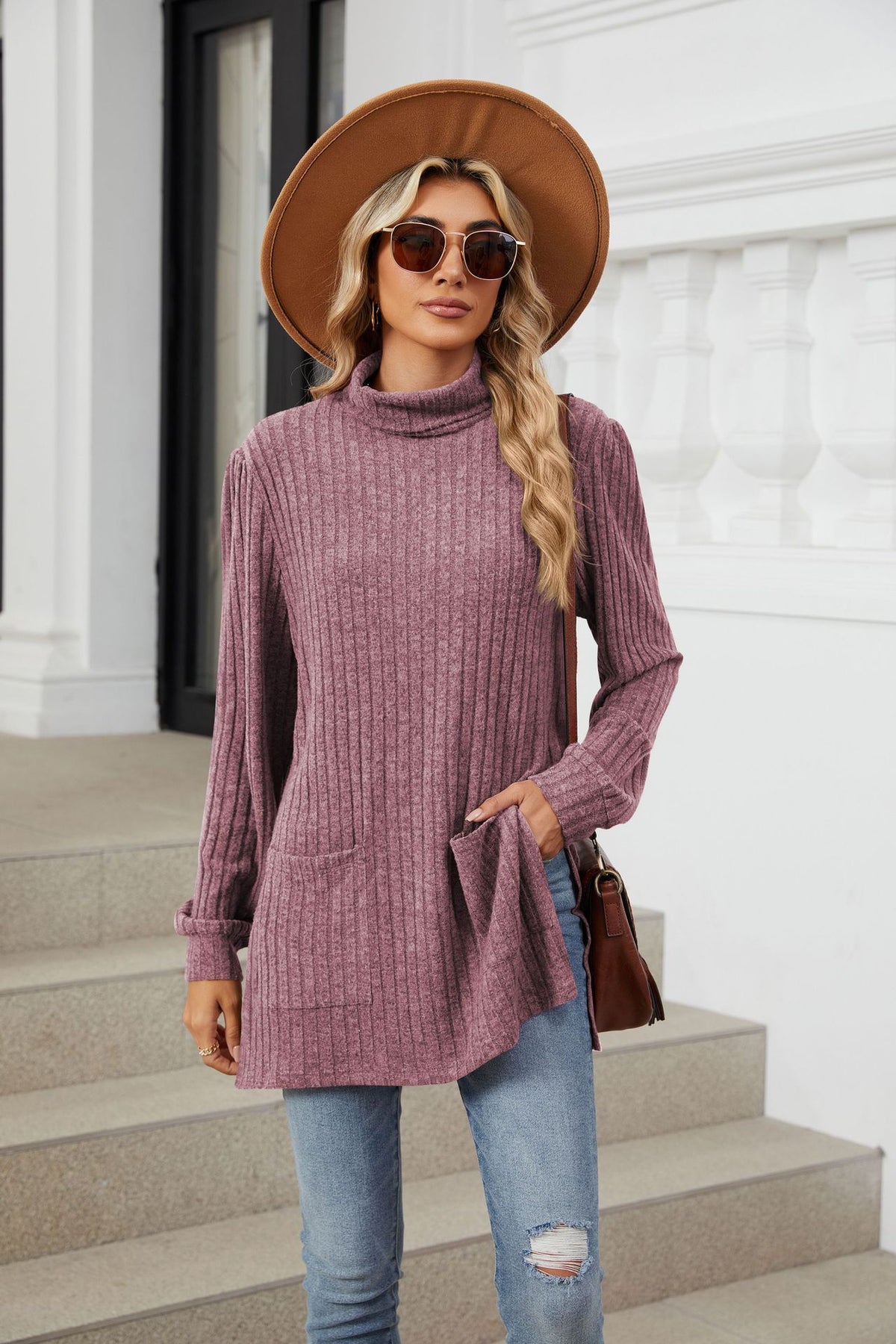 Women's Ribbed Mock Neck Long Sleeve Tunic with Pockets