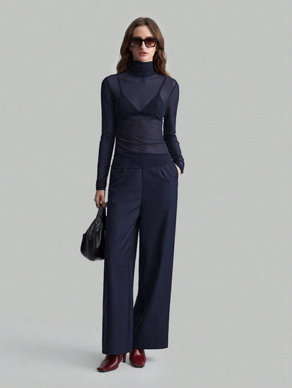 Solid Mesh Turtleneck Top Long Sleeve Fitted Blouse