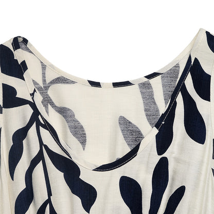 Leaf Print Sleeveless Strappy Dress with Belt Side Slit