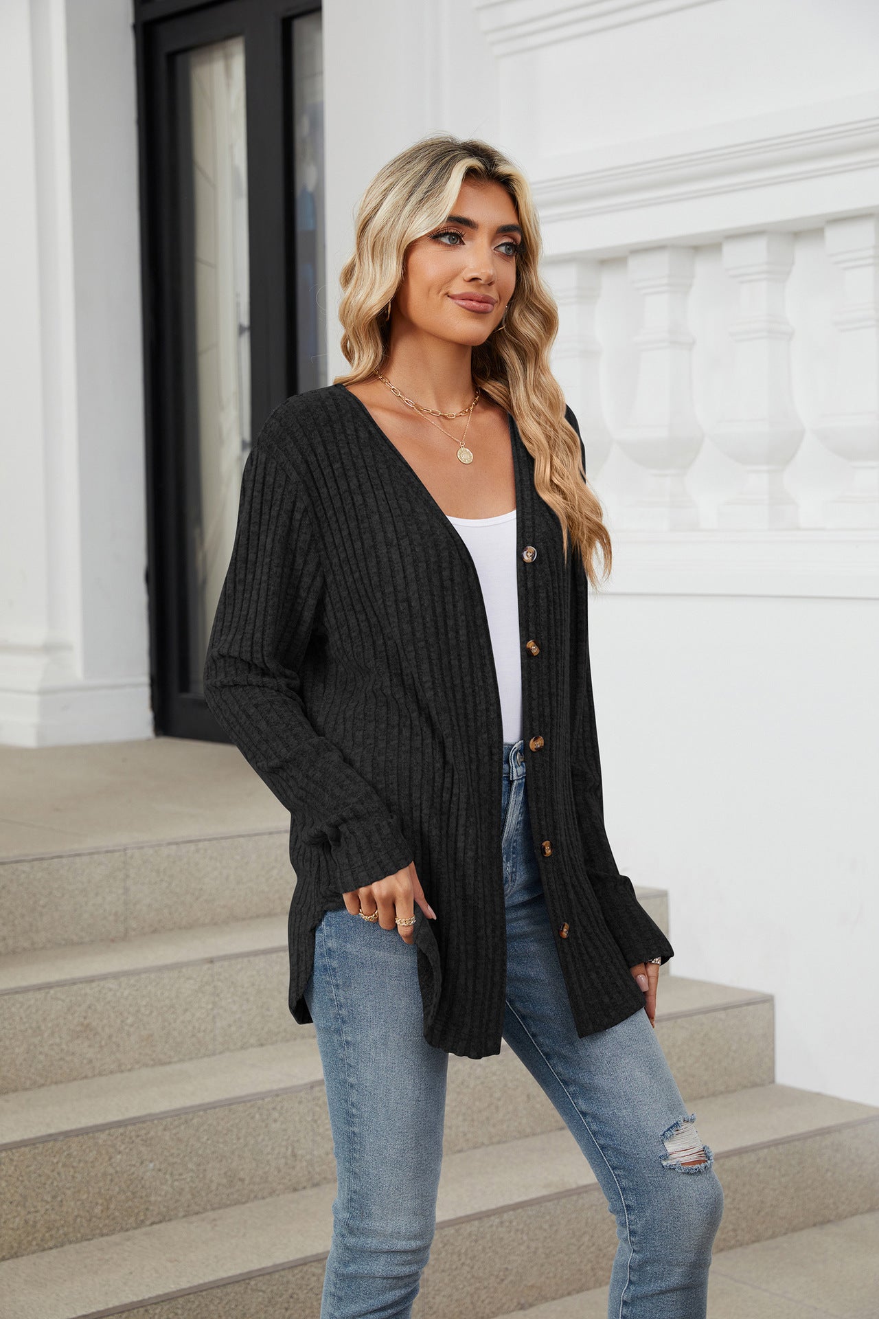 Soft Ribbed Button-Down Knit Cardigan for Fall & Winter