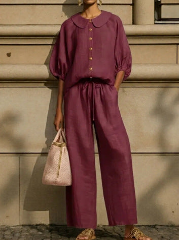 Women's Puff Sleeve Collared Shirt Wide Leg Pants Set