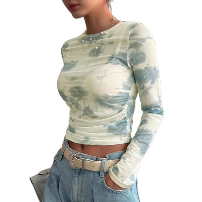 Floral Mesh Ruched Long Sleeve Crop Top