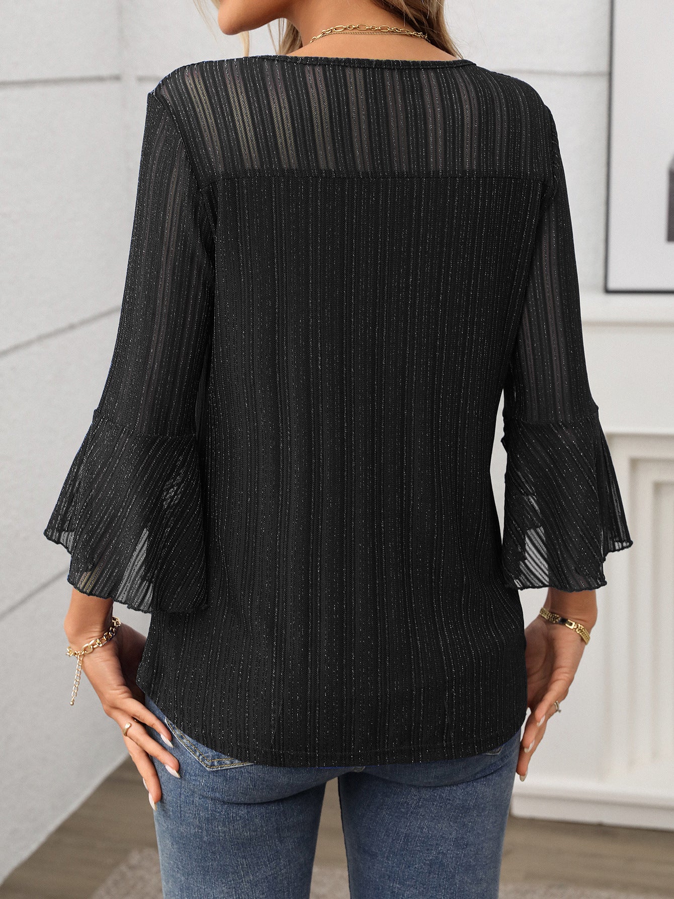 Elegant Round Neck Lotus Leaf Sleeve Mesh Top