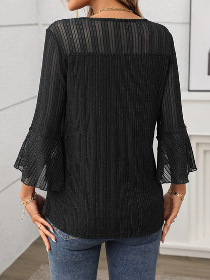 Elegant Round Neck Lotus Leaf Sleeve Mesh Top