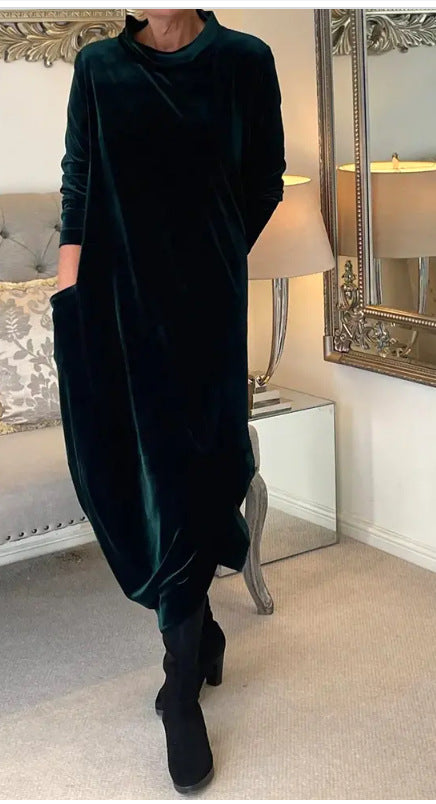 Women's Scarf Neck Velvet Maxi Dress Long Sleeve Pockets