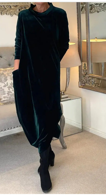 Women's Scarf Neck Velvet Maxi Dress Long Sleeve Pockets