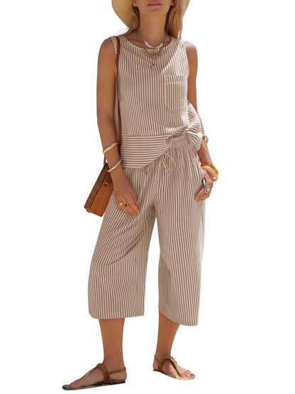 Striped Cotton Matching Set Sleeveless Top Capri Pants Casual