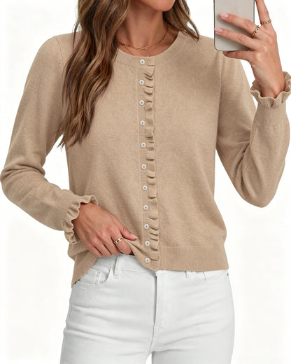 Ruffle Trim Crew Neck Button Front Knit Cardigan Sweater