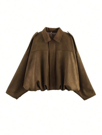 Womens Oversized Faux Suede Collared Zip Jacket