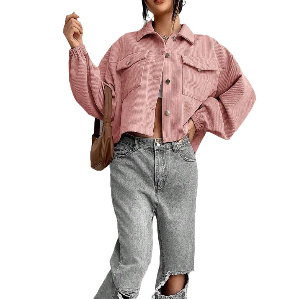 Women's Pink Corduroy Cropped Utility Jacket Pockets