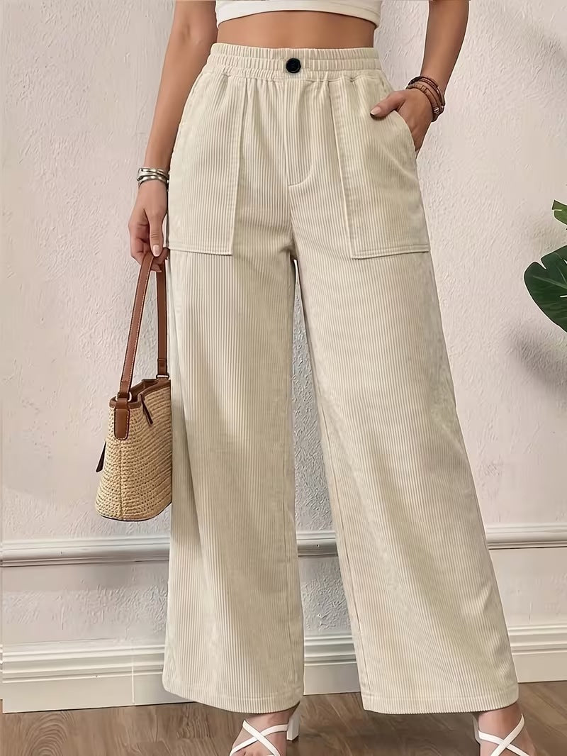 Women's High Waist Ribbed Wide Leg Casual Pants Pockets