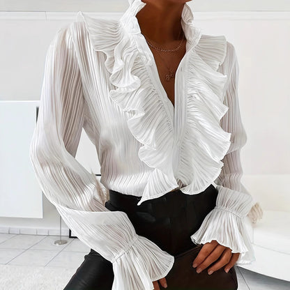 White Ruffle Blouse Bell Sleeve Button Up Top