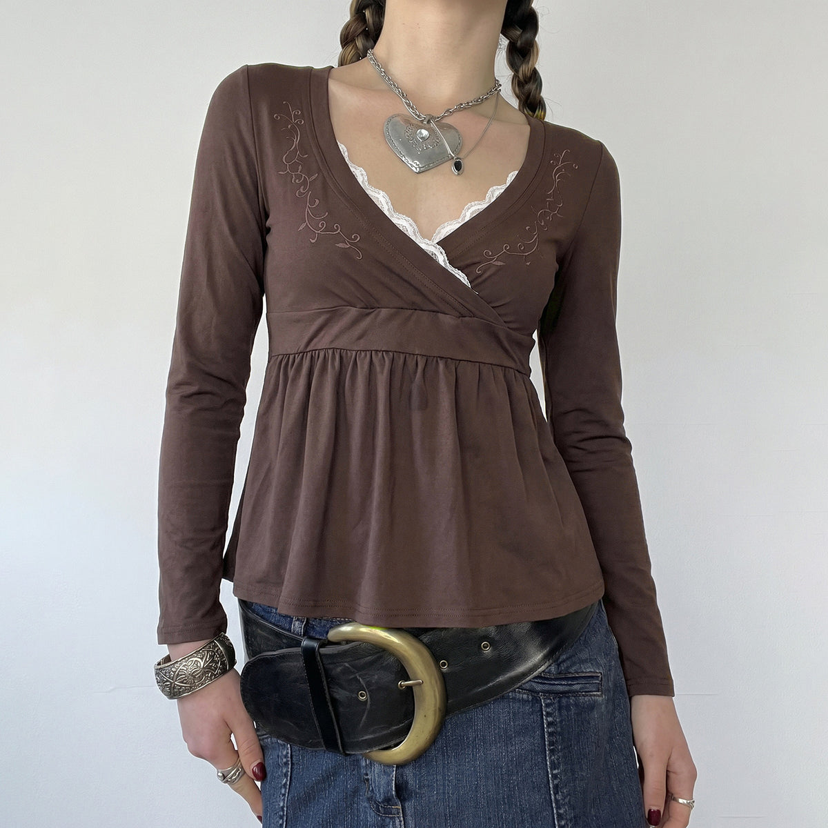 Brown Lace V Neck Embroidered Babydoll Long Sleeve Top