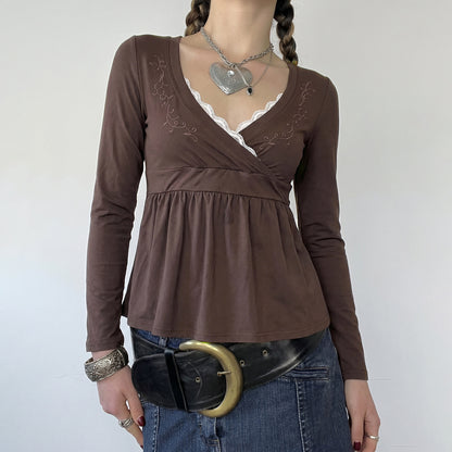 Brown Lace V Neck Embroidered Babydoll Long Sleeve Top