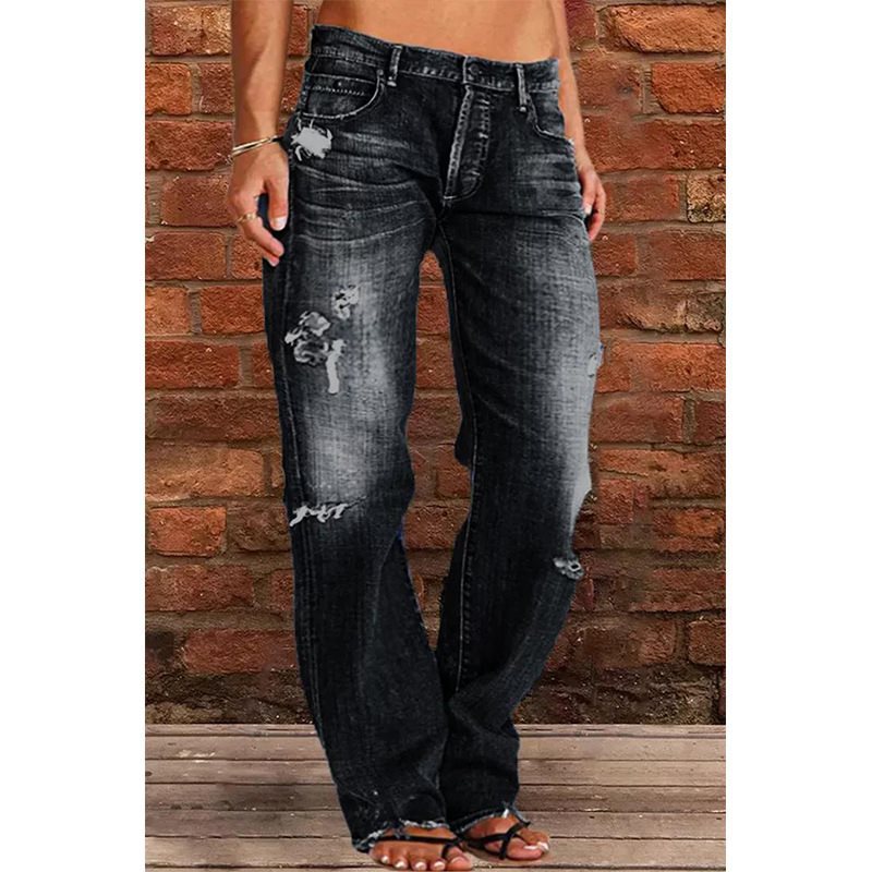 Women's Distressed Flare Jeans Vintage Wash Cotton Denim